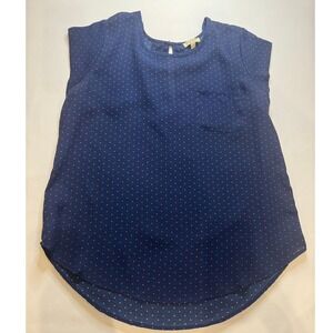 Lily White Polka Dot Blouse Women Medium Navy Blue Excellent Cap Sleeve Pocket